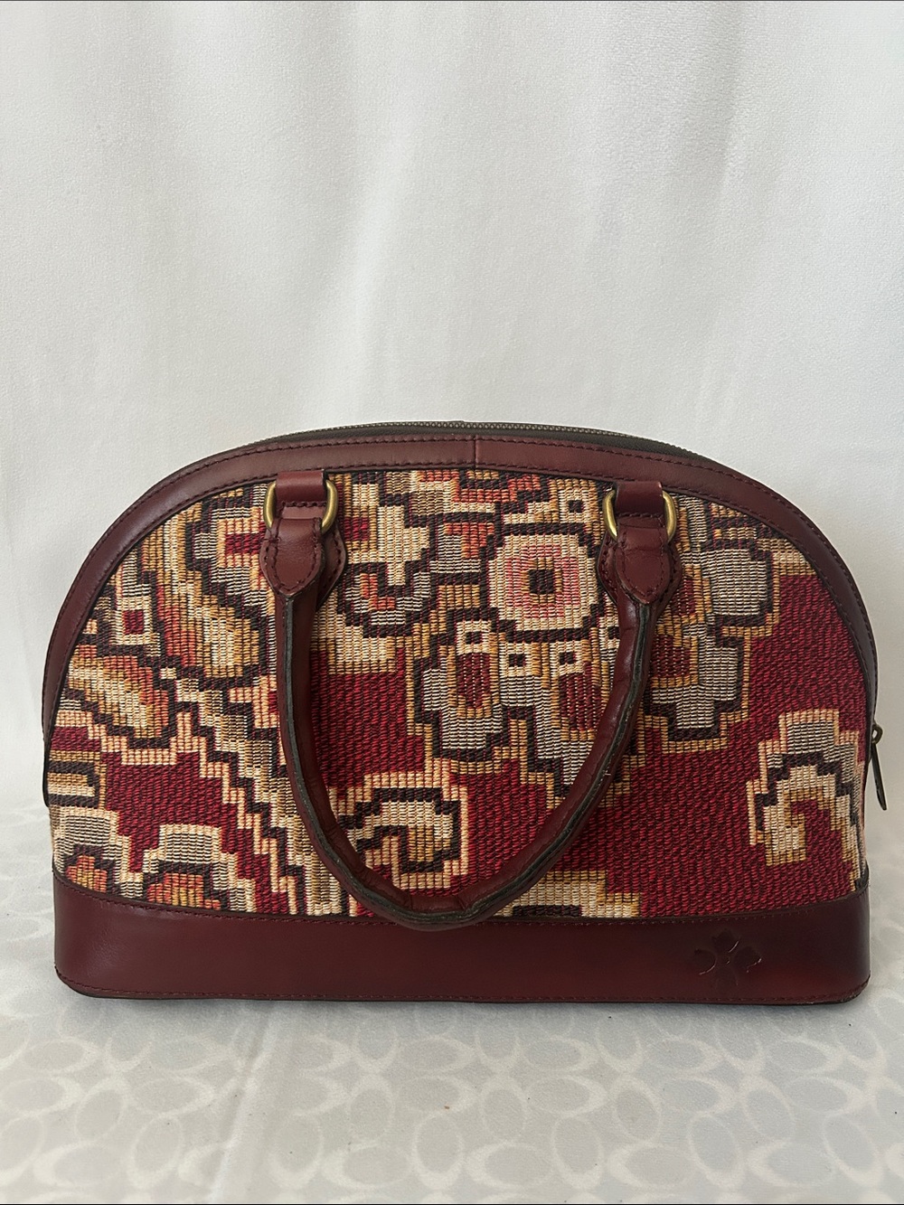 Patricia Nash Deep Red Tapestry Leather Trim Dome Satchel Tote Handbag Purse 🌺🌺